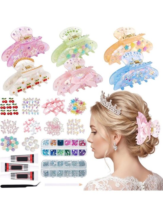 DIY Claw Clip Decorating Kit - 6 Acrylic Hair Clips with Rhinestones & Charms main image 6
